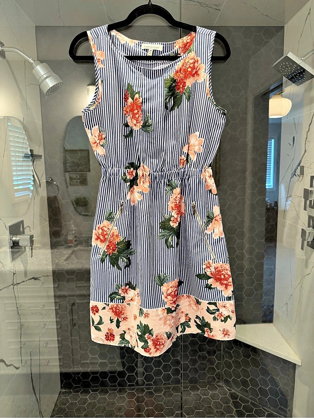Speed Control Striped Floral Midi Dress in Blue & Pink Size Medium